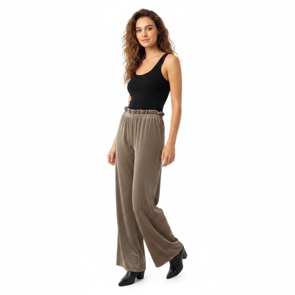 90s Taupe Velvet Wide Leg Pants Large‎ Paperbag Waist Indie Sleaze Romantic